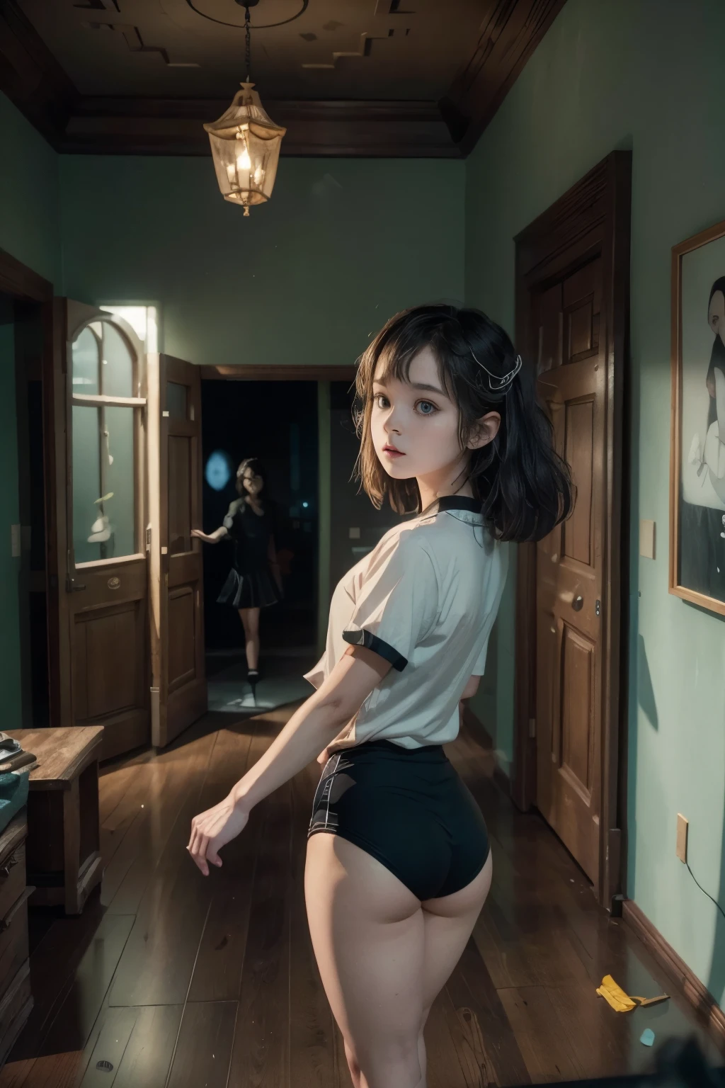 (masterpiece, highest quality),  (night's ghost mansion), One Girl, young teen, Black gymnastics bloomers, High leg、white blouse, standing in night ghost house, look back 、Anxious expression, Emotional, Wide-angle, dark, Best Shadow, watercolor,ghost、devil、Death Strikes、Fate of Death、Rear view、Dark corridor、big door in the background, door 