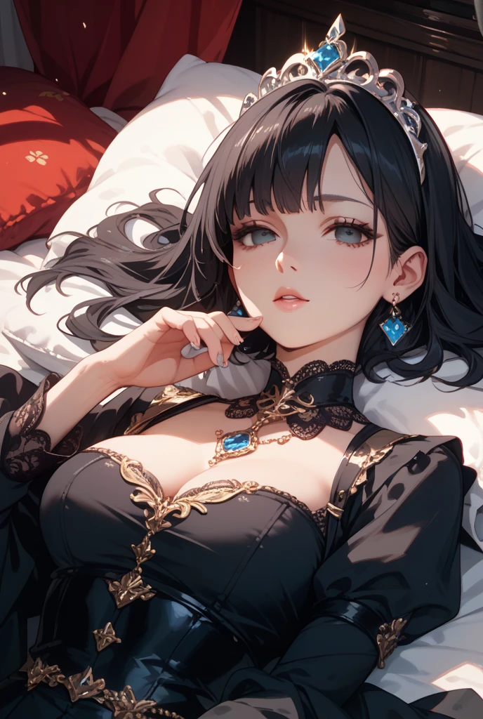 a mature woman with beautiful eyes, elegant facial features, alluring lips, long eyelashes, graceful pose, confident expression, wearing a sensual dress, in a sophisticated bedroom setting, warm lighting, cinematic mood, intricate details, photorealistic, 8k, masterpiece