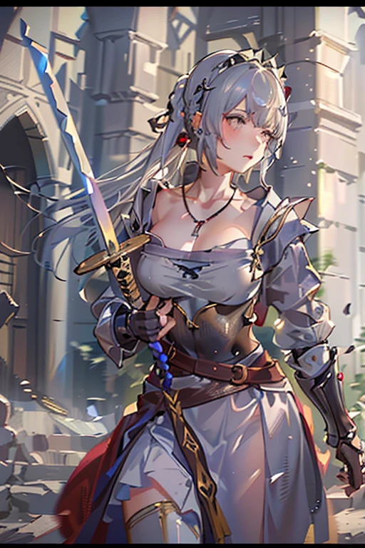short white hair with white wolf ears, her eyes are bright orange, she has a short, braided ponytail. She is wearing worn and torn peasant cotton clothes, with leather belts around her. She has a large greatsword on her back and she is wearing long leather boots. Her body is muscular and strong, with muscular forearms shown and muscle details visible through the clothing. She is tired and sweaty, been practicing swordplay all day. Now the sun is setting and its time to go home.