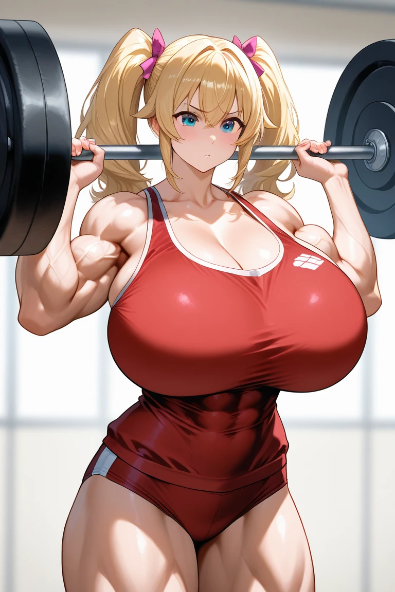 highest quality, table top, High resolution, (anime heroine illustration), anime paint, 1 beautiful girl ,dynamic angle,Women's weightlifters ,small head,big breasts,trained abdominal muscles,beautiful feet, glowing skin, Sweat,At the weightlifting venue ,(detailed beautiful face:1.4),detailed skin,fine eyes,fine hair,Beautiful legs with attention to detail,camel toe、huge tit、Nipple Puffs、cleavage、Plump、Super big breasts、super big butt、I'm lifting weights
