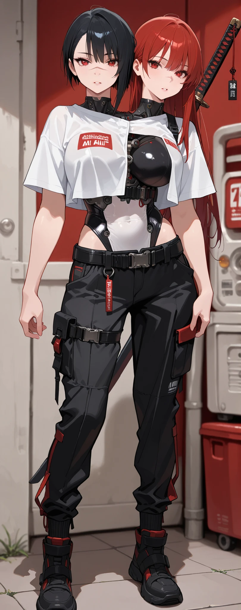 
conjoined, 2girls, 2heads, two heads, a tall thin girls with 2 heads, black hair, single sidelock, long hair, short hair, red eyes, scar on nose,, black leotard, black pants, baggy pants, pocket, mechanical leotard, white shirt, short sleeves leotard, crop top shirt, cowboy shot, standing, katana on back, looking at viewer, eyelashes, parted lips, mechanical arms, red background, simple background, techwear, thigh belt, belt, long hair,, (masterpiece, best quality, amazing quality, detailed background, intricate details,intricate,absurdres, very aesthetic:1.2),

