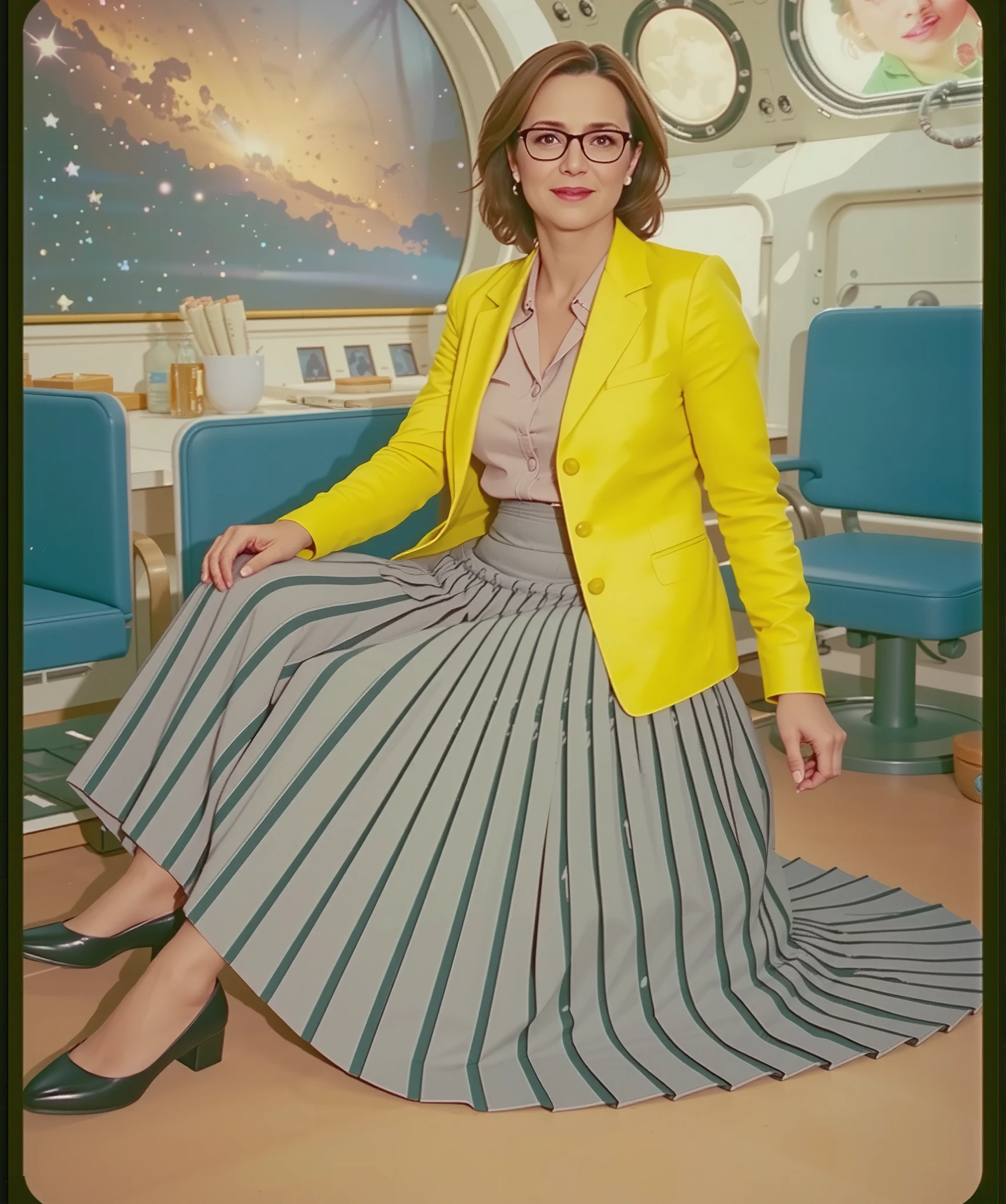 In an interstellar office adorned with vintage charm, a demure, mature therapist, dressed in a crisp uniform jacket and a blouse, reveals her alluring feminine grace. Her long, pleated skirt sweeps dramatically across the metallic floor, each fold a testament to the high-quality 35mm film, capturing the essence of Portra400 or Vision3 200T/500T. The soft focus lens embraces her, blurring the cosmic backdrop of star-studded windows that frame her nurturing embrace. She sits on the edge of her desk, her modest low-heel shoes hinting at a flirtatious posture. Her gentle smile is enhanced by the warm golden light that kisses her flushed skin and glistening sweat, while her glasses reflect the moonlit dance of distant galaxies. The soft, seductive arch of her legs invites closeness, and her blushing cheeks and parted lips whisper promises of a passionate embrace. The spacecraft's interior, a blend of retro-futuristic elegance and modern ergonomics, is bathed in a sensual ambience that resonates with the therapist's longing gaze. The composition is a masterful blend of intimate framing and the vastness of the cosmos, highlighting the stark contrast between her tender touch and the cold steel of the spaceship. The lighting, a symphony of artificial warmth and ethereal moonbeams, casts long, dramatic shadows that play upon her form, emphasizing the contours of her body and the sharp creases in her skirt. Her eyes, filled with a mix of empathy and desire, beckon you into the heart of the frame, inviting you to explore the depths of her soul in this erotically charged, celestial sanctuary.Milfie-v3