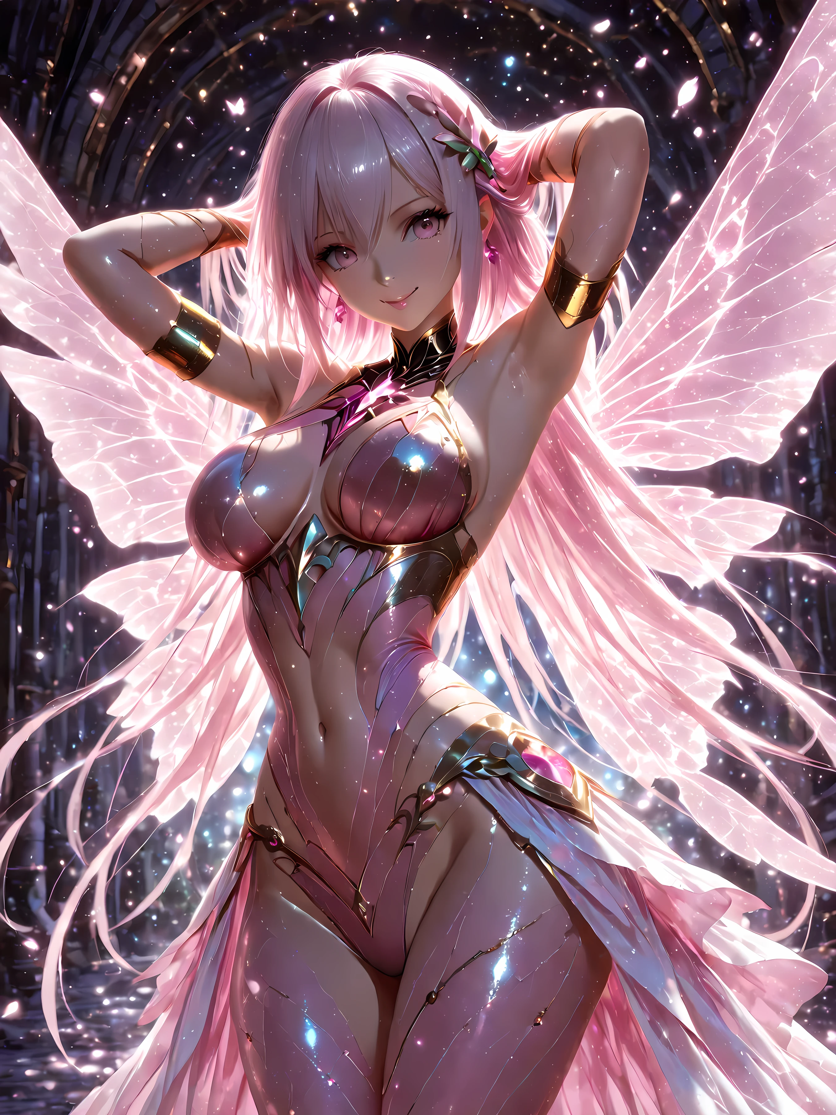 A beautiful female idol with pink hair in a sexy, spicy pose, glittering like a unicorn in a fairy-tale-inspired theater scene, surrounded by sparkling stars, snowflakes, and cosmic elements, exuding a captivating Billie Eilish-esque vibe, masterfully rendered in the highest quality, ultra-detailed, and photorealistic style.