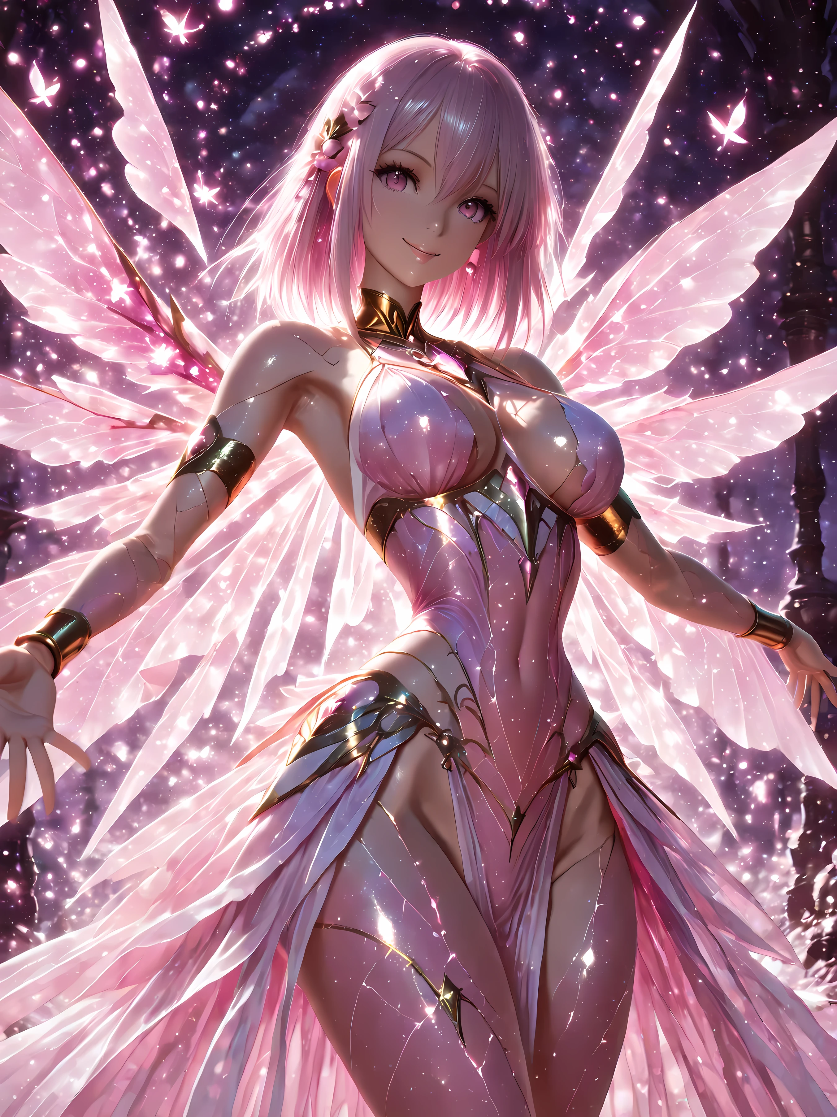 one Female, fairy princess , mid shot . realistic and detailed Etheric Body , exposed skins and magical aura joints , Dancing at the altar of the fairy forest, The gesture of tying hair while raising both arms and showing armpits、Beautiful fingers, beautiful fingertips 、turning around、 Smile Yan、 Getting ready for a date、 cinematic lighting , shortage々 atmosphere , Alita : intense yet ephemeral aesthetics inspired by battle angels , photorealistic style , fantasy Environment . silver pink hair . PINK EYES . pottery skin . Mysterious as a Dream . Elegant and Realistic . , perfect hands, perfect eyes, perfect feet, gold armbands, perfect anatomy, perfect 5 fingers