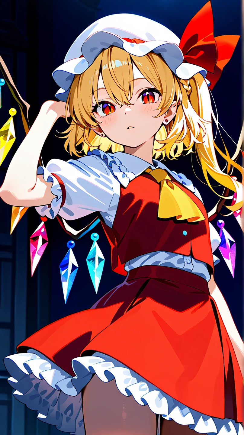 {{masterpiece, ultra-high quality, professionally detailed, professionally shaded}} single woman, Grown up, Tall woman, 22 year old, Flandre Scarlet,  flanN, flandre scarlet, blonde hair, side ponytail, red eyes, hair bow, red bow, hair between eyes, slit pupils, white headwear, wings, crystal, crystal wings, slim waist, shoulder length hair, braid, small silver stud earrings, white puffy sleeves,white sleeves, short sleeves, red vest, yellow ascot, red skirt, frilled skirt, red miniskirt, frills,