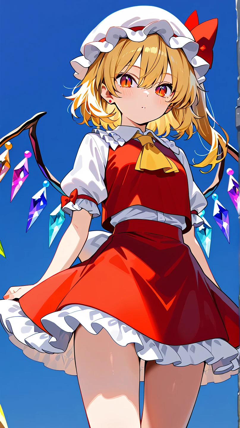{{masterpiece, ultra-high quality, professionally detailed, professionally shaded}} single woman, Grown up, Tall woman, 22 year old, Flandre Scarlet,  flanN, flandre scarlet, blonde hair, side ponytail, red eyes, hair bow, red bow, hair between eyes, slit pupils, white headwear, wings, crystal, crystal wings, slim waist, shoulder length hair, braid, small silver stud earrings, white puffy sleeves,white sleeves, short sleeves, red vest, yellow ascot, red skirt, frilled skirt, red miniskirt, frills,