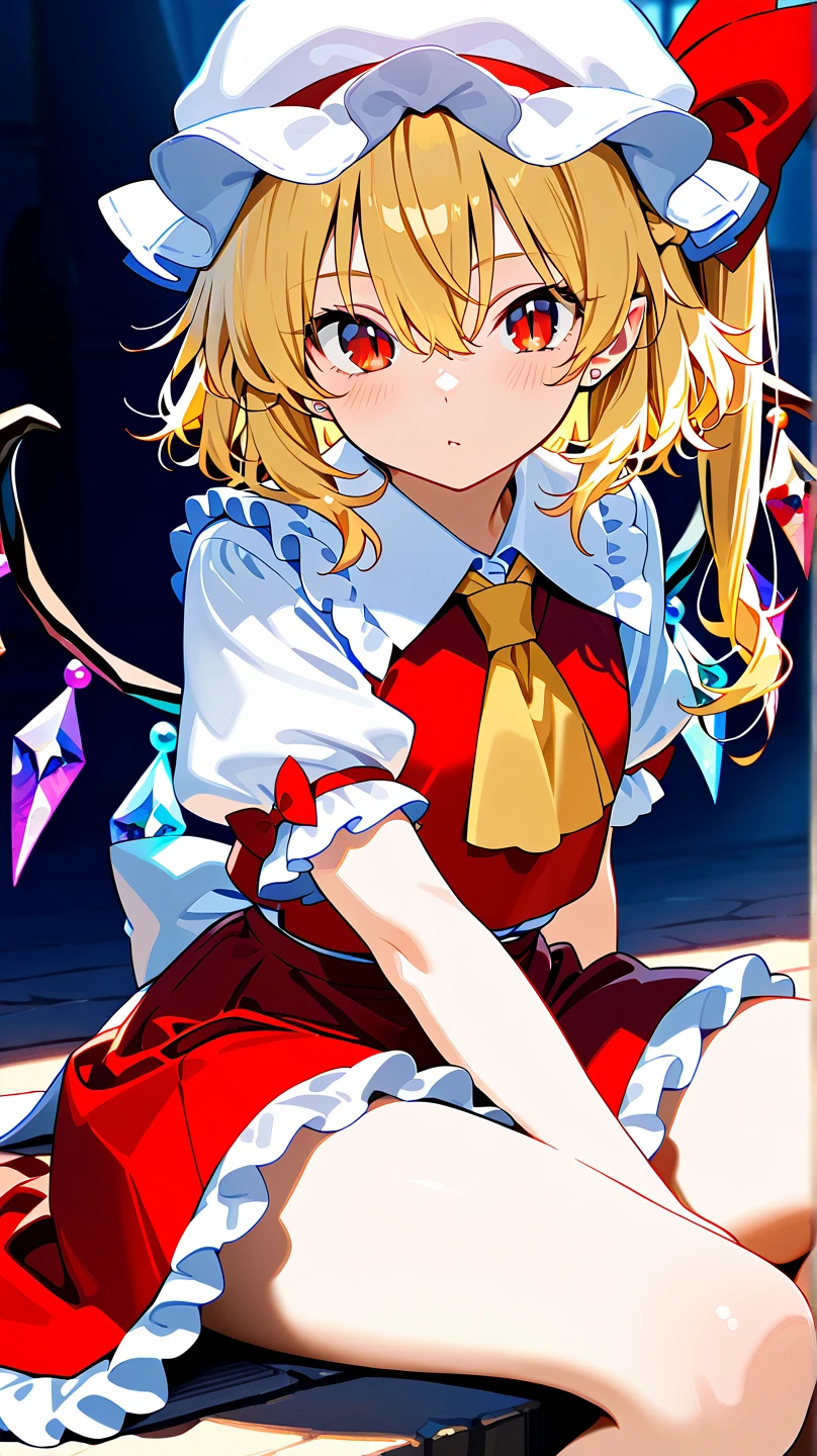 {{masterpiece, ultra-high quality, professionally detailed, professionally shaded}} single woman, Grown up, Tall woman, 22 year old, Flandre Scarlet,  flanN, flandre scarlet, blonde hair, side ponytail, red eyes, hair bow, red bow, hair between eyes, slit pupils, white headwear, wings, crystal, crystal wings, slim waist, shoulder length hair, braid, small silver stud earrings, white puffy sleeves,white sleeves, short sleeves, red vest, yellow ascot, red skirt, frilled skirt, red miniskirt, frills,