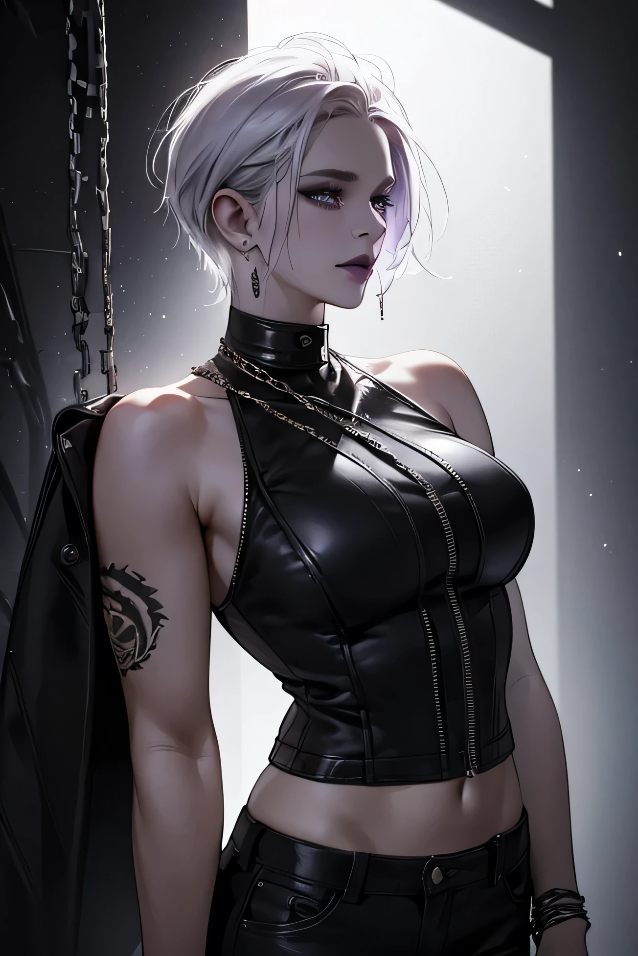 a punk girl, student, hooligan, short messy white hair, purple eyes, black punk clothes, punk, chains, black sleeveless top, baggy black pants, sadistic smile, aggressive, dark purple lipstick, thug, (best quality,4k,8k,highres,masterpiece:1.2),ultra-detailed,(realistic,photorealistic,photo-realistic:1.37),cinematic lighting,dramatic shadows,gothic,dark fantasy,moody,dramatic, leather jacket hanging from the shoulders pumped up muscles