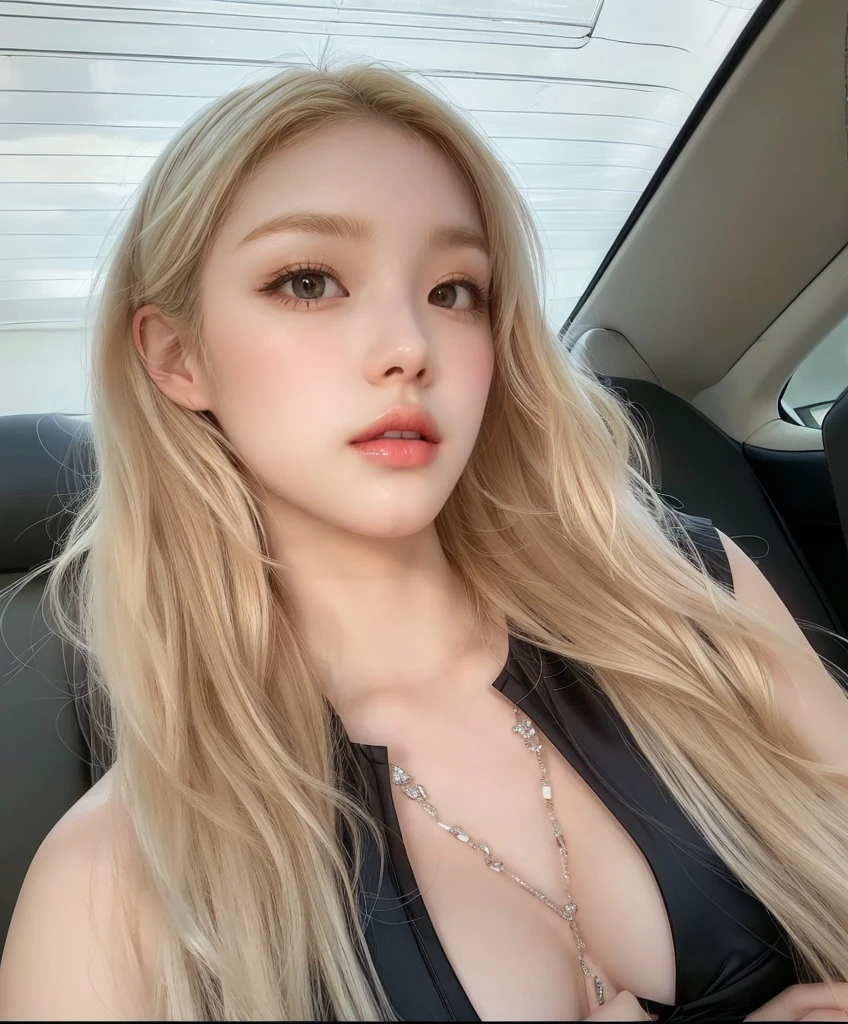 um close up de uma mulher com longos cabelos loiros usando um colar, Jinyoung Canela, Parque Roseanne do Blackpink, Lalisa Manobal, longos cabelos brancos e franja, Ulzzang, Sakimichan, maquiagem sul-coreana popular, retrato de Kim Petras, Heonhwa Choe, franja branca, Retrato de Jossi do Blackpink, maquiagem coreana popular