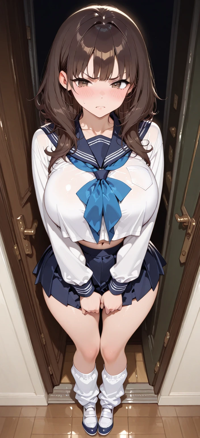 A girl with big breasts comes towards me with her nipples exposed. white clothes