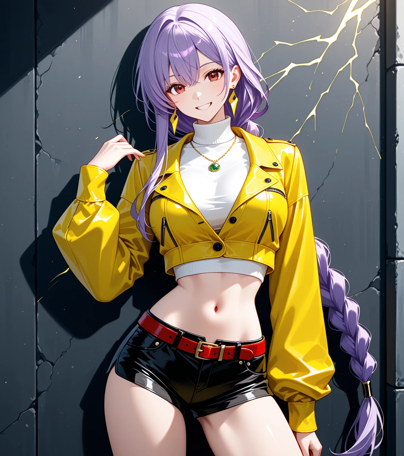 MitsuriKanroji, 1girl, solo, looking at viewer, standing, white belt, buttons, black shirt, cleavage cutout, white jacket, black miniskirt, lime thighhighs, smile, blurry background, night, fog, outdoors,