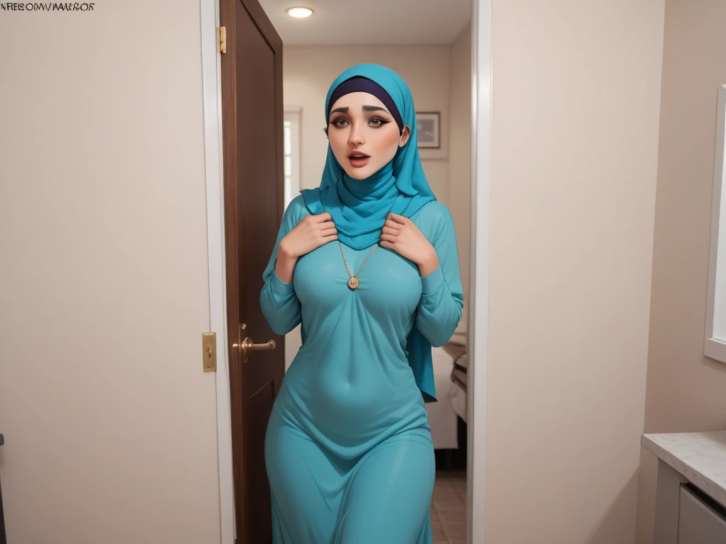 wide angle, Stunning masterpiece, beautiful pakistan muslim Chubby women , 20 years old, weared blue pastel hejab, on market traditional, lamps , a cinematic grading, realistic, detiled, night, depth blur, bright light, topless, transparent outfit, show , show , show breasts, show full image