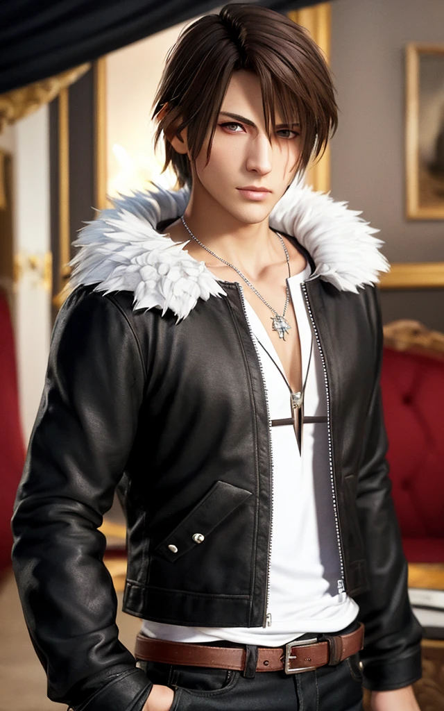 unparalleled masterpiece, ultra realistic 8k CG, perfect artwork, ((perfect male figure)), looking at viewer, seductive posture, sexy pose, alluring, clean, beautiful face, pure face, pale skin, intricate detail, (male:1.3), (hires eyes:1.2), (hdr:1.2), (hires eyes:1.2), short hair,, [(pecs:1.3):breasts:35], physically fit, solo, complex background, detailed background, bulge, 1boy, large pectorals, squall leonhart, fur collar, (scar across nose:1.2), black jacket