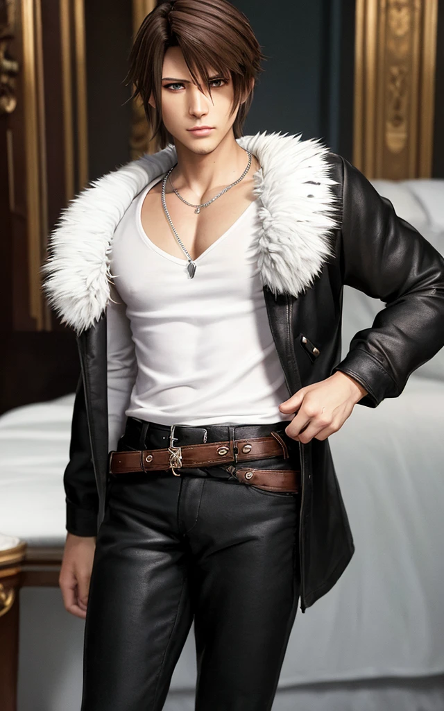 unparalleled masterpiece, ultra realistic 8k CG, perfect artwork, ((perfect male figure)), looking at viewer, seductive posture, sexy pose, alluring, clean, beautiful face, pure face, pale skin, intricate detail, (rich:1.4), prestige, gorgeous, luxury, royal palace, jewelry, gem, silver, diamond, glint, sapphire, ruby, emerald, pearl, amber, obsidian, <lora:Squall:0.6>, squall, (scar across nose:1.2), fur collar, black jacket
