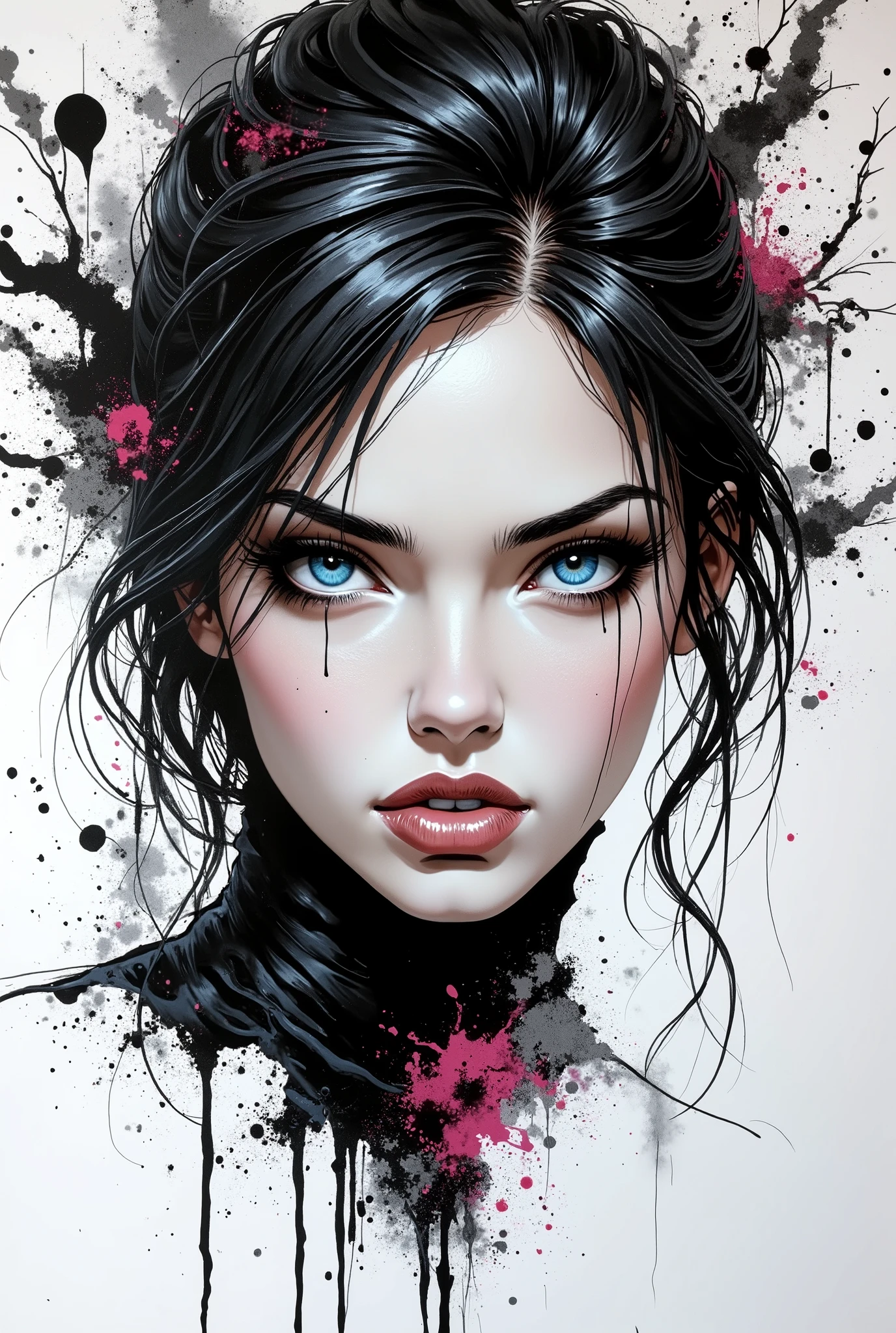 A 4K UHD painting of a minimalist, modern, and abstract background with a close-up of a powerful and enigmatic female composition in the style of minimalism, with a super realistic artistic creation in black paint on a white background. The quality of fine lines and fine brush strokes shows the most complex transitions. The light is distributed on the composition so that it enhances the focus on the most important thing. The composition itself enchants a lady with big blue eyes in the grunge style. The image is of very high quality and is 8k The artwork is signed by T Mann.has pouting lips and a focused expression that conveys strength and determination. The background contains graffiti punk zentangle elements and a handwritten note.