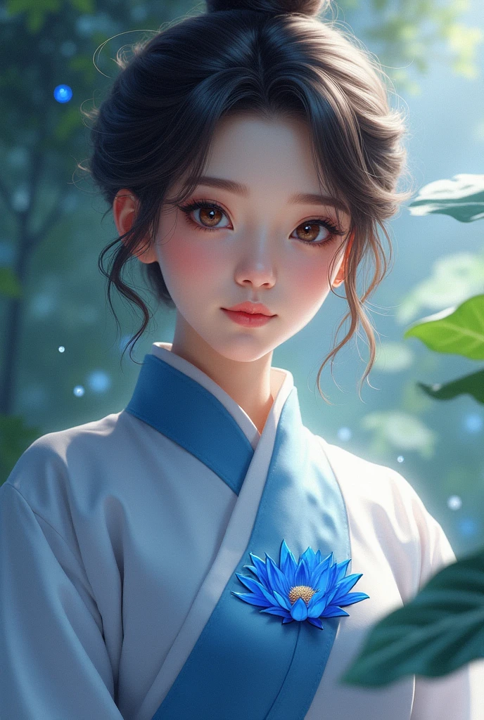 (best qualtiy,tmasterpiece,Hyper-realistic),1 beautiful and delicate portrait of a girl,Playful and cute,Hanfu, Moon, midnight, sonoko, Bamboo, water lily, hot onsen, vapour, (illustration: 1.0), Epic composition, Realistic lighting, HD details, Masterpiece, Best quality, (Very detailed CG unity 8k)