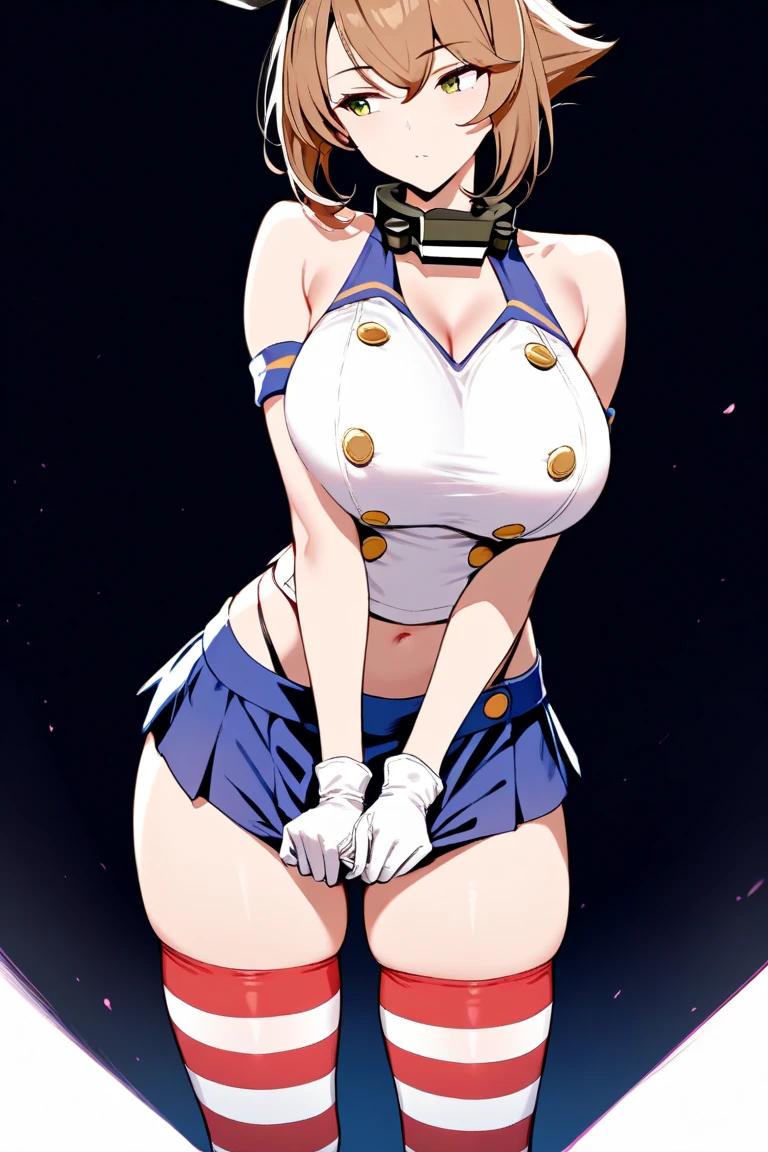 (Perfect body),highest quality,(8KP○rtrait),(anime screen cap)、、Sweat,((big breasts))、police hat、female police officer、(black hair),(bob cut)、dull bangs、yellow eyes,((thick thighs)),((big ass))、:d、(Navy Blue Leotard)、glare、blush、((narrow your eyes))、adult w○ man、(((embarrassing)))、(Dark concrete room)、((muscular))、fingerless gloves、(thick waist)、Are standing、right hand to left wrist