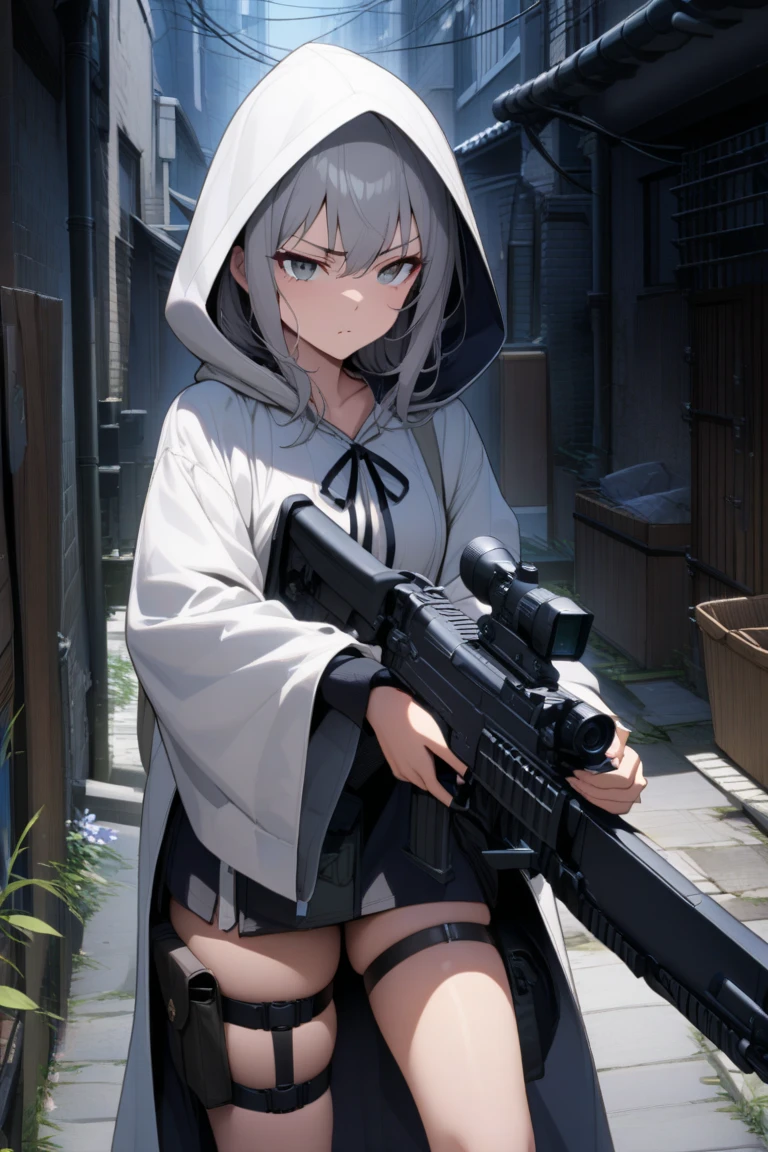 arknights_honeyberry,yellow eyes, grey hair,multicolored hair,twintails,black thighhighs,sitting,hood up,