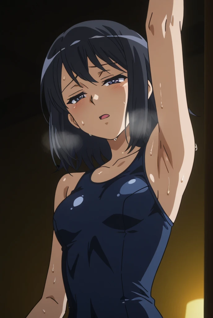 ((best quality)), ((masterpiece)), (detailed), perfect face, brown skin anime woman in a deep V-neck cami top, starving, (resting hands on the stomach), (hands on the stomach), (slim woman), (smooth and shiny skin)