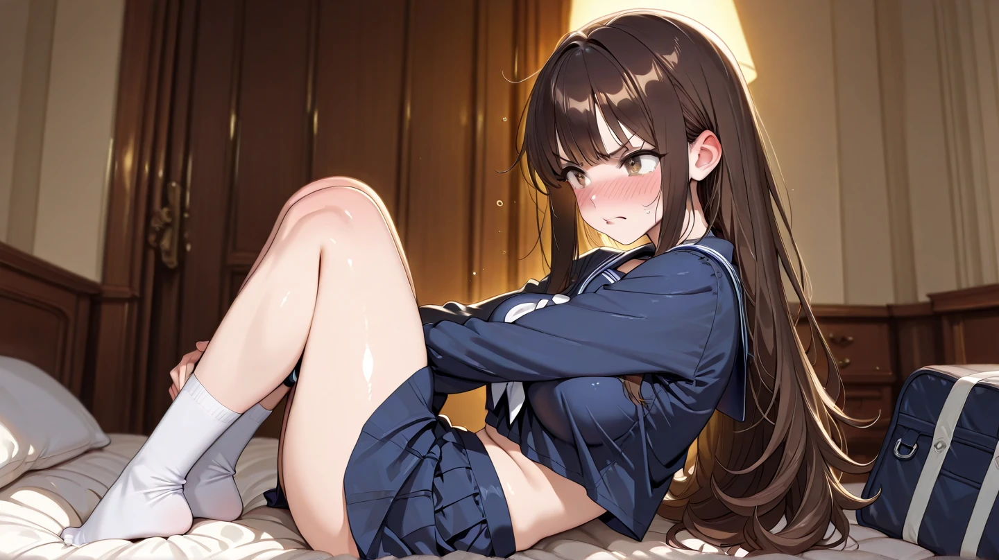 (masterpiece), (Highest quality), (Very detailed), ((Very delicate and beautiful)), One Girl, solo, July, Cowboy Shot, Black Sailor Suit, White neckerchief, Crescent Pin, (Very long hair), ponytail, smile, Flat Chest, belt, chestnut mouth, Sitting, On the bed, question mark,  indoor, Detailed Iris, young, Completely naked ,((Browsing Caution)),((nsfw)), Squat, (((No correction)))