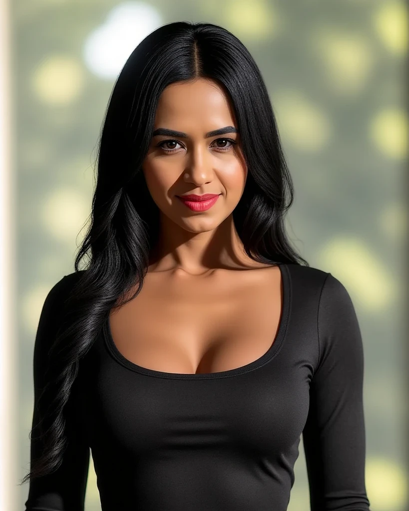 woman, shoulder-length straight black hair, chubby, medium bust, wide stomach, wide hips, black dress, among red roses, looking at the camera, photorealistic