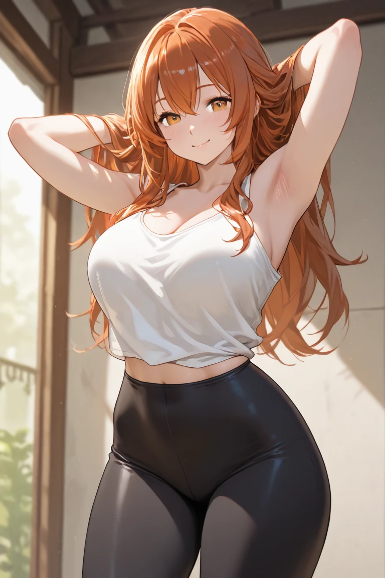 1 woman, solo, tall woman, long orange hair, straight hair ,orange eyes, (Full Breasts), (cleavagte:1.3), (armpit:1.3),(midriff peek:1.3), High Height,masterpiece, high resolution, shiny, full body, beautiful,A cute smile that makes the viewer happy, highly detailed beautiful face and eyes,looking at viewer, (bunny girl:1.2),