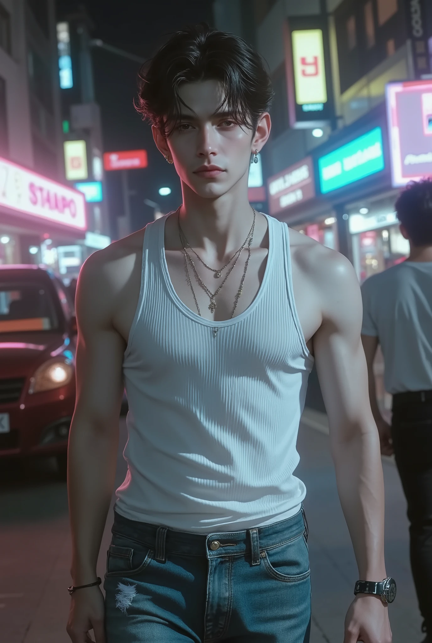 boy,niji,phwamen, A handsome malaysian male model with a lean and defined muscular body, tousled black hair with subtle highlights, almond eyes, and V-line abs, wearing a white ribbed tank top and low-rise vintage jeans, walking slowly into frame in a neon-lit city street at night, moody lighting, cinematic retro fashion from 1990s Seoul, soft ambient lighting, shallow depth of field, slightly melancholic look, realistic film grain, Kodak Portra 400 color tone, background of blurred cars and pedestrians, soft shadows, 9:16 vertical portrait