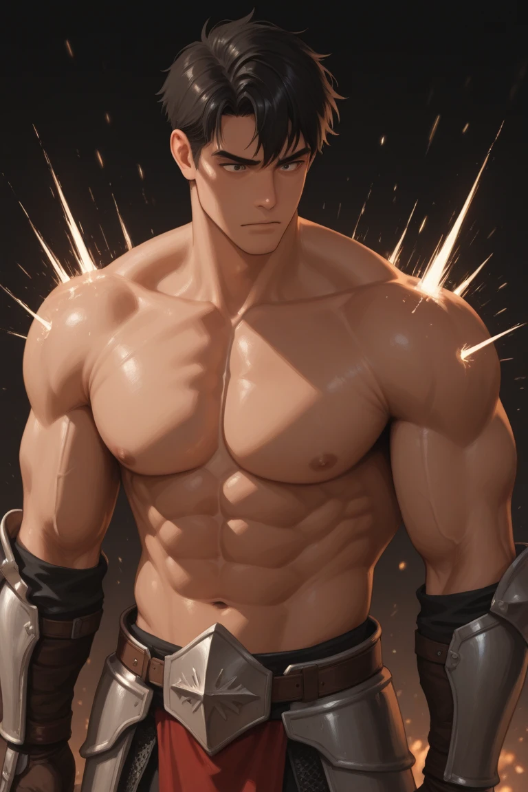 50 years old male, muscular male, muscle, buff body, big pecs, male pecs, white shorts, weapon, axe, smooth skin