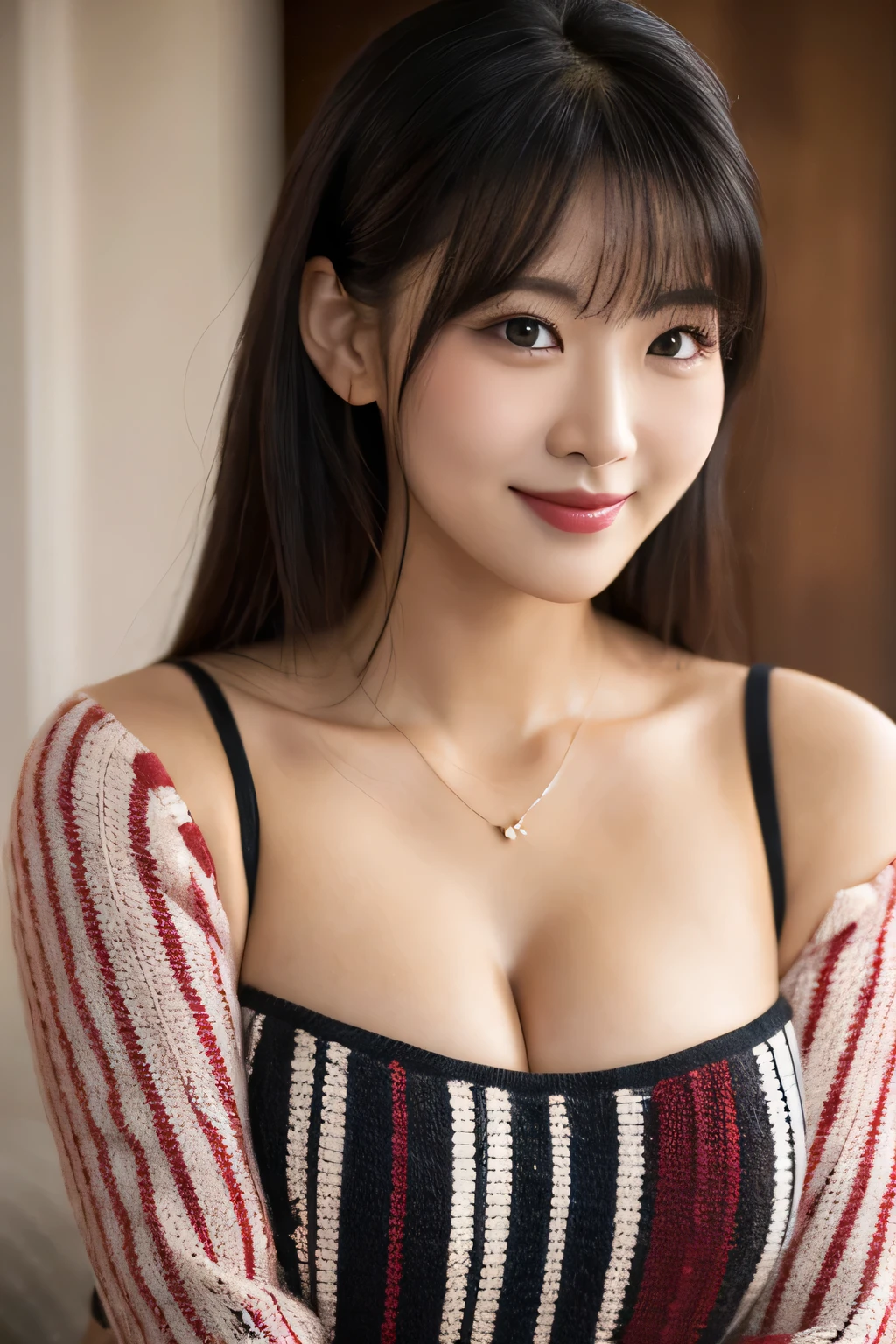 ((best quality, 8K, masterpiece)), ultra detailed, sharp focus, 1 beautiful woman, (huge breasts), (cleavage), (red scarf), (white V-neck sweater), (black tight skirt), highly detailed face and skin texture, ((beautiful eyes:1.2)), ((detailed eyes)), (smile:1.15)