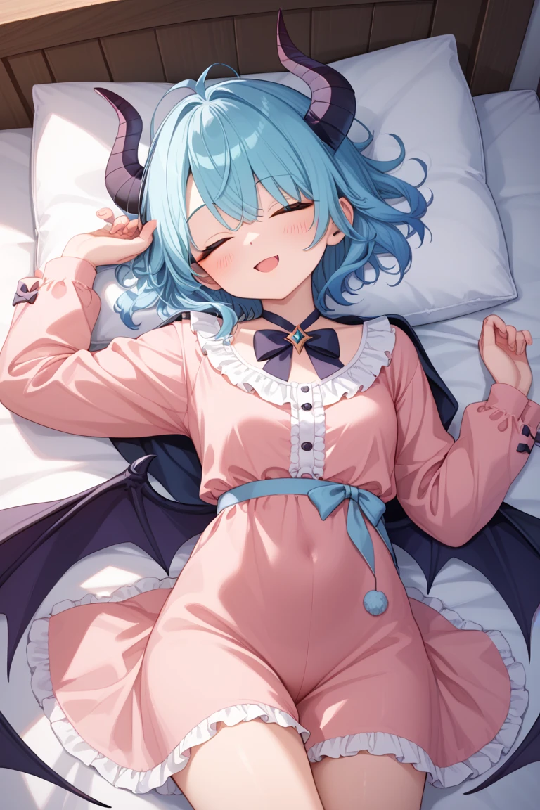 (masterpiece, best quality, absurdres:1.3), sfw,
(fantasy, contemporary:1.1), (kaleidoscope, zentabgle:1.1), (darkness:1.2), (sleepover:1.1),

(1 dragon girl, solo:1.3) (petite, chibi, toddler:1.1), (on side:1.2), looking at viewer,
(fetal position:1.2) white lace thighhighs (soles toes:0.8) plantar flexion,
(expressionless:1.1), closed mouth, curled horns,
long very gradient aqua hair, (blunt ends:1.3), glowing empty eyes sparkling pupils, (pale skin:1.1),
ribbon-trimmed pajamas wide sleeves past wrists, (pajama shorts:1.2), choker,

background (fluttering snowflakes:1.2), transparent curtains, blanket, pillow, cushion,