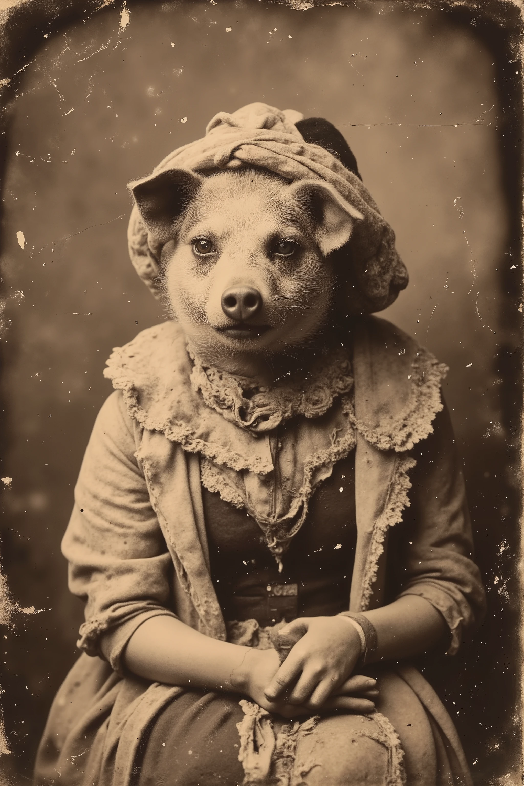 Daguerreotype photograph, tintype, late 1800s.    Women crossed with pigs in gene splicing experiments performed by top scientists in underground government facilities. Old Sepia colors only. Brown and yellowed.  Ultra-realistic, photorealistic, UHD, attention to detail, cinematic photography, cinematic portrait, hyperrealism, portrait photography, cinematography, realism ,best quality, award winning, masterpiece.