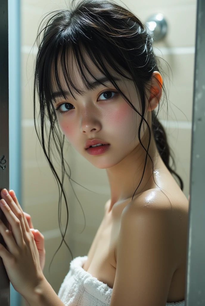 (2 Japanese girl,), (Small breasts:1.5,),(One girl,Textured skin, Detailed skin,Detailed face,Detailed eyes,detailed posing,Natural eyebrows,Perfect limbs,High detail, Highest quality, Super detailed, Surrealism, ,8k,RAW Photos,Photographicism,Professional Lighting,Portrait Photography,),((Black Hair, Dark Eyes,Natural Makeup,Simple earrings,Bob Hair, happiness/joy, )),(((I take a shower,Close-up,Wet Hair,Wet Skin)))