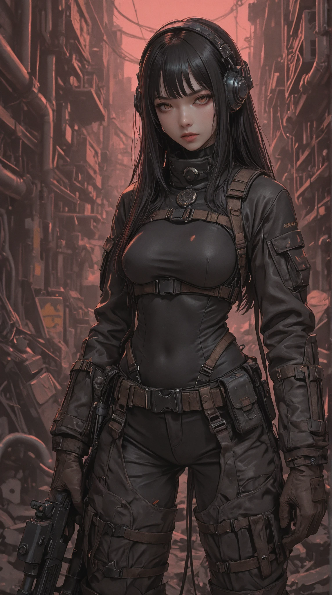 (Ghost of the Black Hood:1.5), (extremely detailed CG unity 16k wallpaper:1.1), (Denoising strength: 1.45), (tmasterpiece:1.37), (Full body posing:1.4:), whole-length; head to toe; up front view; Glowing eyes; steampunc; Clockwork;  Demonic vibe; steampunc; whole-length; head to toe; up front view; Kunoichi holding katana blades, , cyberpunk illustration, symmetrical, detailed,