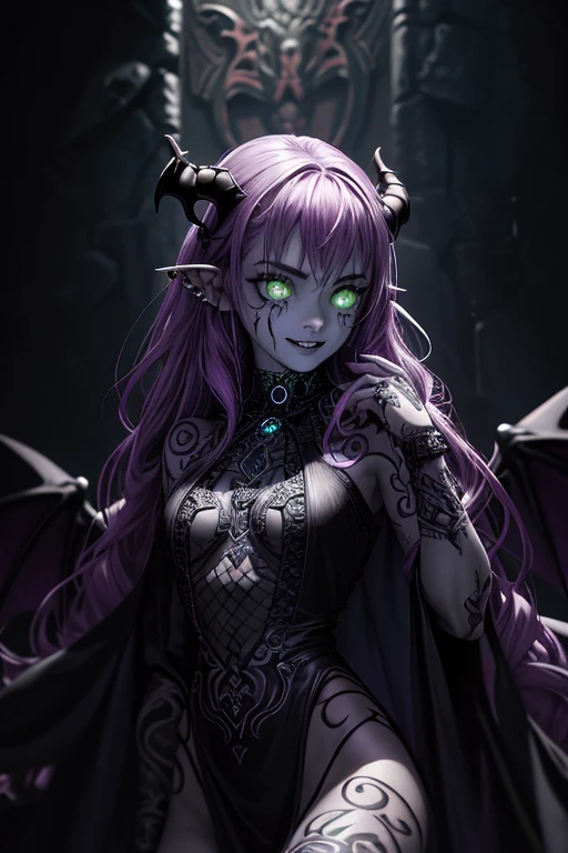 Eastern female oni, mouth with large, serrated teeth, with two daggers, black and purple dress purple, cabelos roxos e olhos vermelhos