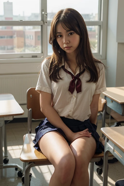(SONY_a1.SEL50F12GM.Shooting in combination with), (1girl in), Solo, Amazing face and eyes, Serious face, (School uniform, Pleated skirt,:1.3), (Best Quality:1.4), extremely detailed CG unified 8k wallpaper, Highly detailed, High-definition raw color photos, professional photograpy, Realistic portrait, (Closed, Abandoned classrooms, Broken desk, Broken chair:1.5), (Dark classroom:1.3), A scene from a horror movie,Blushing、Soaking wet、See-through clothes
