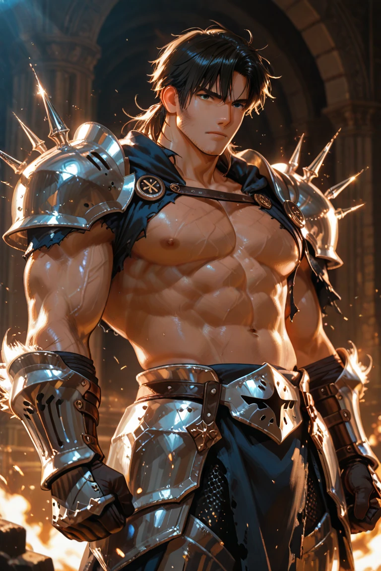 high quality, detailed, Realistic,flexing, (19 years old japanese bulky wrestler boy), (detailed black eyes), (black short hair), (muscle:1.5), (dark skin), dungeon, (leather tiny thongs), (erected bulge:1.2), candle, detailed nipples, front shot,