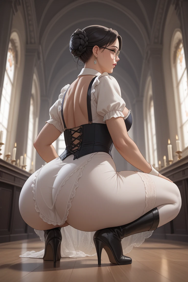 PerfectNwsjMajic,(masterpiece, top quality, best quality, official art, beautiful and aesthetic:1.2), (1girl), extreme detailed,highest detailed, official art,, ultra detailed, beautiful and aesthetic, beautiful, masterpiece, best quality, 1girls, graceful women , wear glasses, , delicate lingerie, alluring corset, stocking, flawless makeup, captivating curves, breathtaking beauty ,holy light,gold foil,gold leaf art,glitter drawing,, sheer gauze, off-the-shoulder, blooming flower field, glowing skin, light smile, (((glossy pussy :1.4))), sexy, bust, nudity,from below,ass up wait, ((butt up:1.2)),((turns back to viewer)),((bend over:1.4))