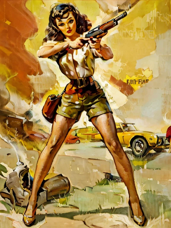pulp magazine paited cover art style. beautiful female pulp hero wearing a unbuttoned shirt and vintage aviator pants, holding a vintage german mauser pistol in a dynamic pose