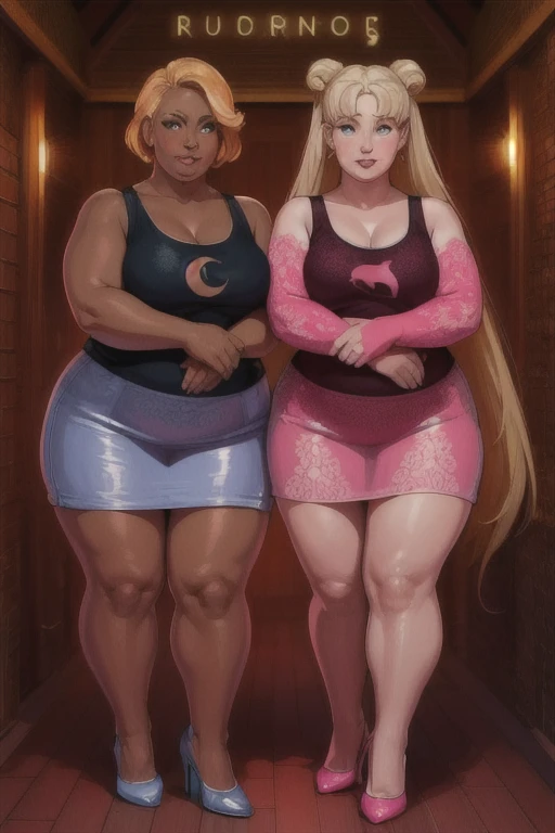 three women wearing only ribbons and bows, wrapped up like Christmas presents, tits spilling out on all sides and totally see-through, thick lace necklaces with hearts, enormous pouty pink lips, big dumb dear eyes with very long eyelashes, thick eye makeup, huge messy hair sprayed blonde hair with a big pink bow, thick knit thigh highs with bows, wearing tall closed toe platform shoes with bows on the backs, enormous natural , thick but very fit, shiny lips, giant pink hoop earings, thick leg warmers up to their thighs, very tan skin, lacy white frilly socks, pink bow around their necks with a large ribbons, nsfw, massive saggy breasts,wrapped up like gifts, topless, massive tits, standing in front of a Christmas tree, seductive face