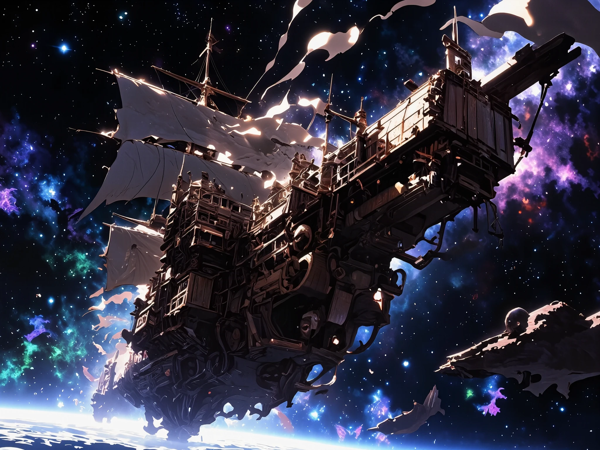 Fantasy wooden frigate sailing in space among the stars, a month in the distance where an ancient city, a school of ghostly fish hides behind asteroids