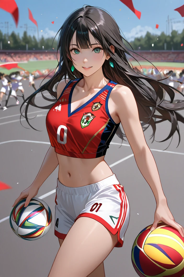 1-Girl dressed as Vinotinto Venezuelan soccer team, sexy, beautiful smile, in the background a football stadium
