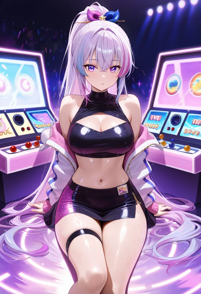 Gorgeous girl, big breasts, chest together, big ass, Thin waist, open legs, high facial detail, erotic sexy nurse costume, open belly, ((white long hair)), night club, hologram, neon lighting, A high resolution, Masterpiece, high quality, ultra detailed, A high resolution, tattoo on stomach, tattoo on the chest,