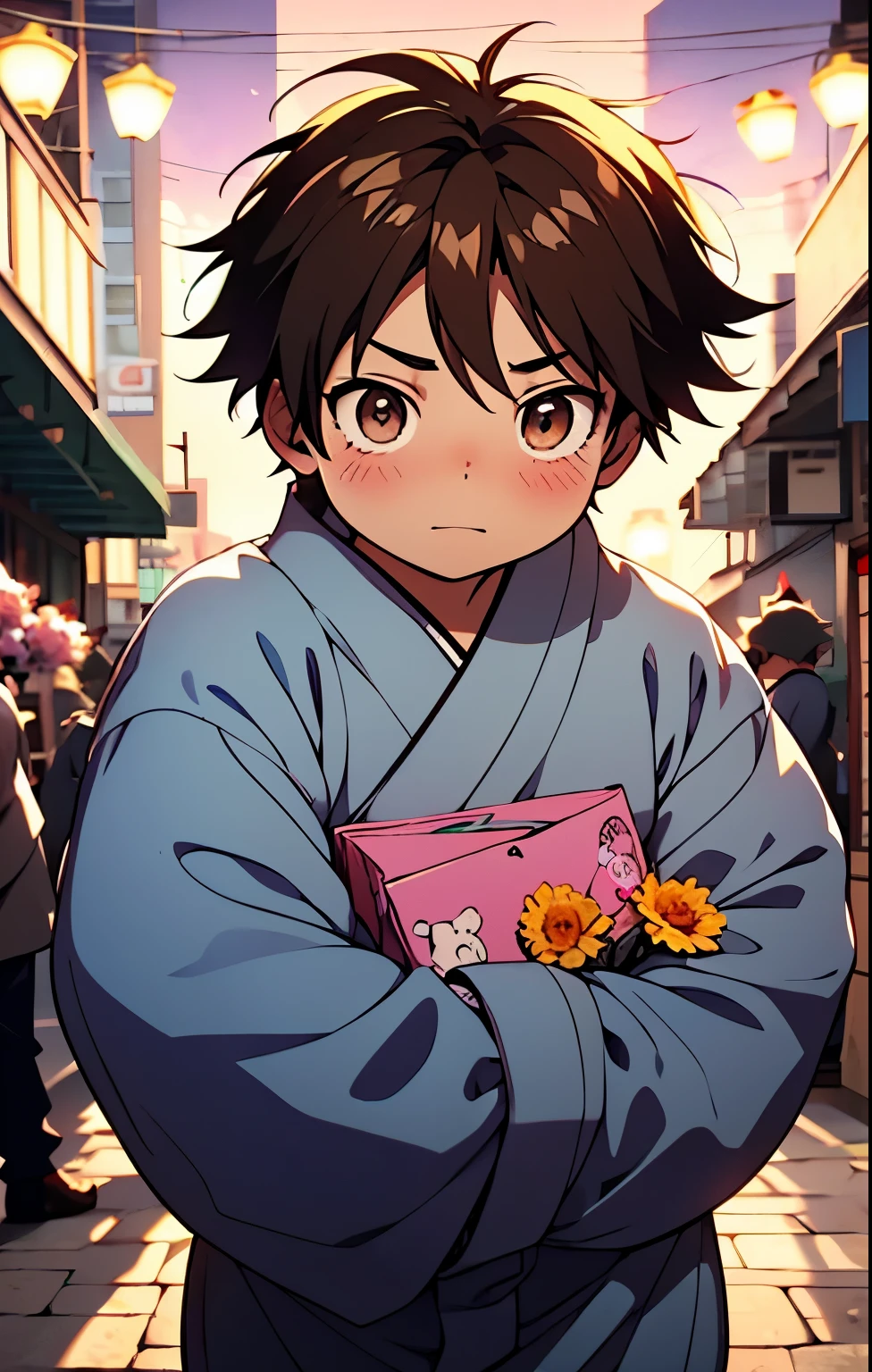 Create an anime-style illustration of Haruyuki Arita from Accel World, reimagined as a Genin from the Akimichi clan in the Naruto universe. He is a charming and confident age ninja, with a soft, round face and expressive eyes that reflect determination and kindness. His body is slightly chubby, in line with the proud physique of the Akimichi clan, but he carries himself with self-assurance and pride. A cute anime-style illustration of Haruyuki Arita from Accel World, dressed up for a spring festival inspired by the Naruto universe. He looks excited and a little shy, holding a bouquet of flowers and a stack of pink heart-shaped cards. He’s wearing a festive yukata with soft spring colors (maybe light blue or lavender) and a green sash. Around him, there are subtle festival decorations like paper lanterns and distant colorful flags. His cheeks are blushing, and his eyes are wide with anticipation as he prepares to drop his Elegant Mail into a heart-shaped box, (brown hair)), ((black eyes))