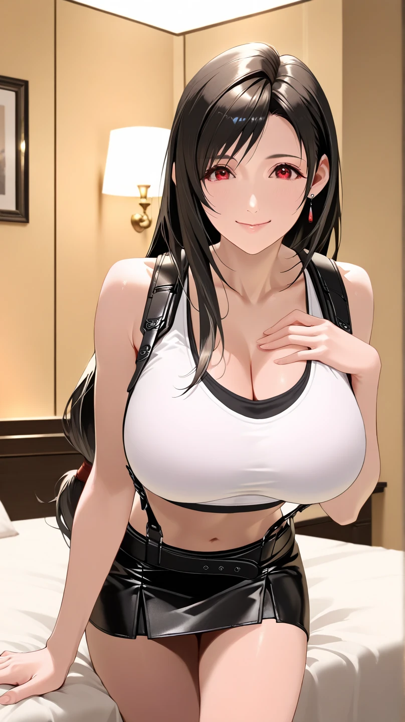 A tall sexy girl with a big chest and longer black hair with red eyes wears a white button-down shirt tied with a knot and shows her navel and her black leather miniskirt and puts on a red glove and smiles happily. 