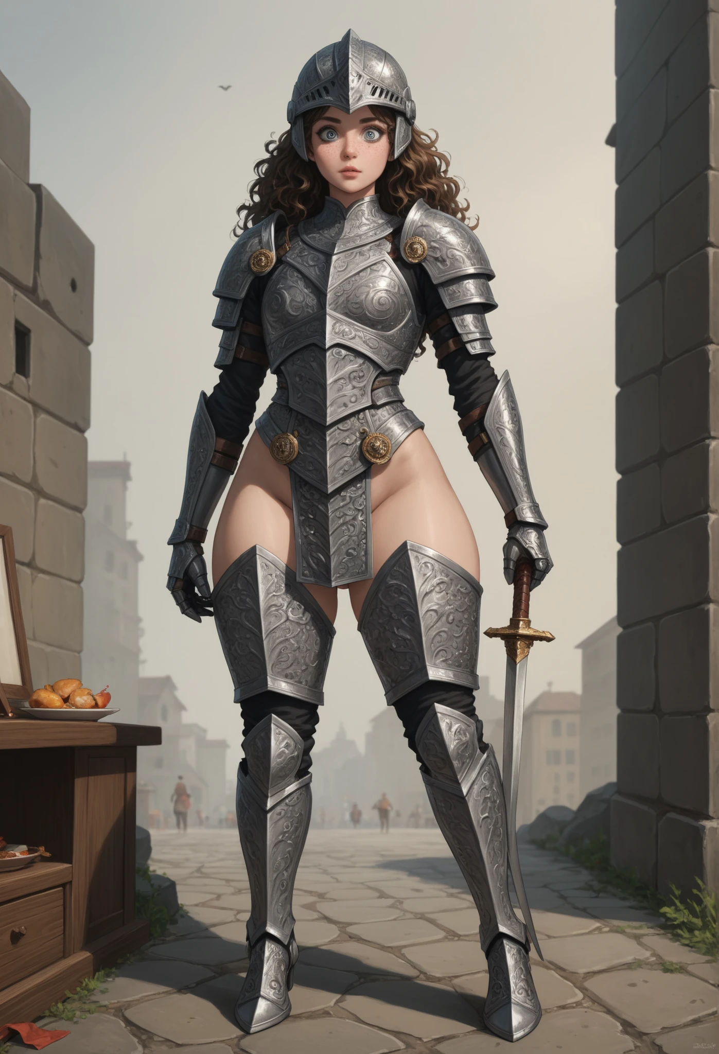 European woman, (((wide hips))), 8k, absurd res, ((wide eyes)), flawless face, 1girl, natural body, ((super wide hips)), full body image, solo, masterpiece, highly detailed, flawless eyes, expressive detailed eyes, pale skin, wide eyed, detailed pupils, realistic skin, some freckles, realistic skin texture, ((small chest)), super detailed skin, analog style, amazing painting, perfect image, 8k, (chin length hair), ((black wavy hair)), (broad hips), ((wearing chainmail and plate armor)), dark moody atmosphere, (full body image), (metal greaves on her feet), (gauntlets), (holding a metal club), ((zoom out, full body and face shot)). full body image, (wearing a helmet), ((no exposed skin)), ((fully covered)), ((armor covering her stomach))