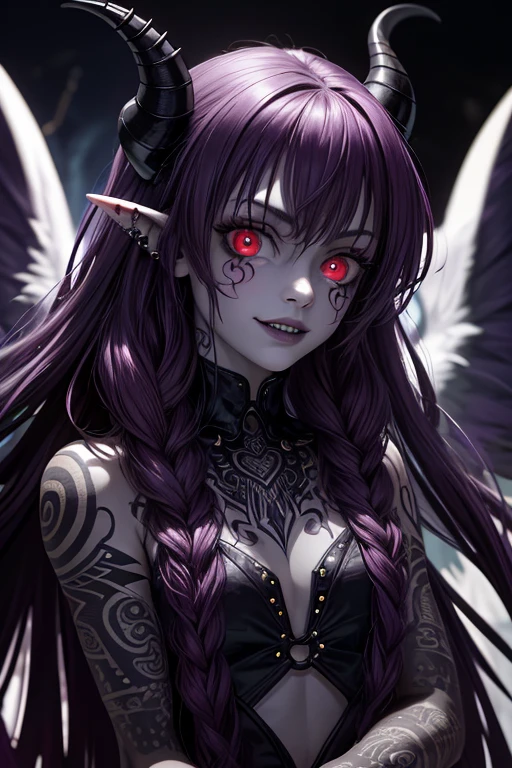 A girl trying to make a deal with the devil、(Aura of Dark Flame、Wings of Darkness)、Real Texture、8K、Very cool face、Purple eyes、Glossy texture