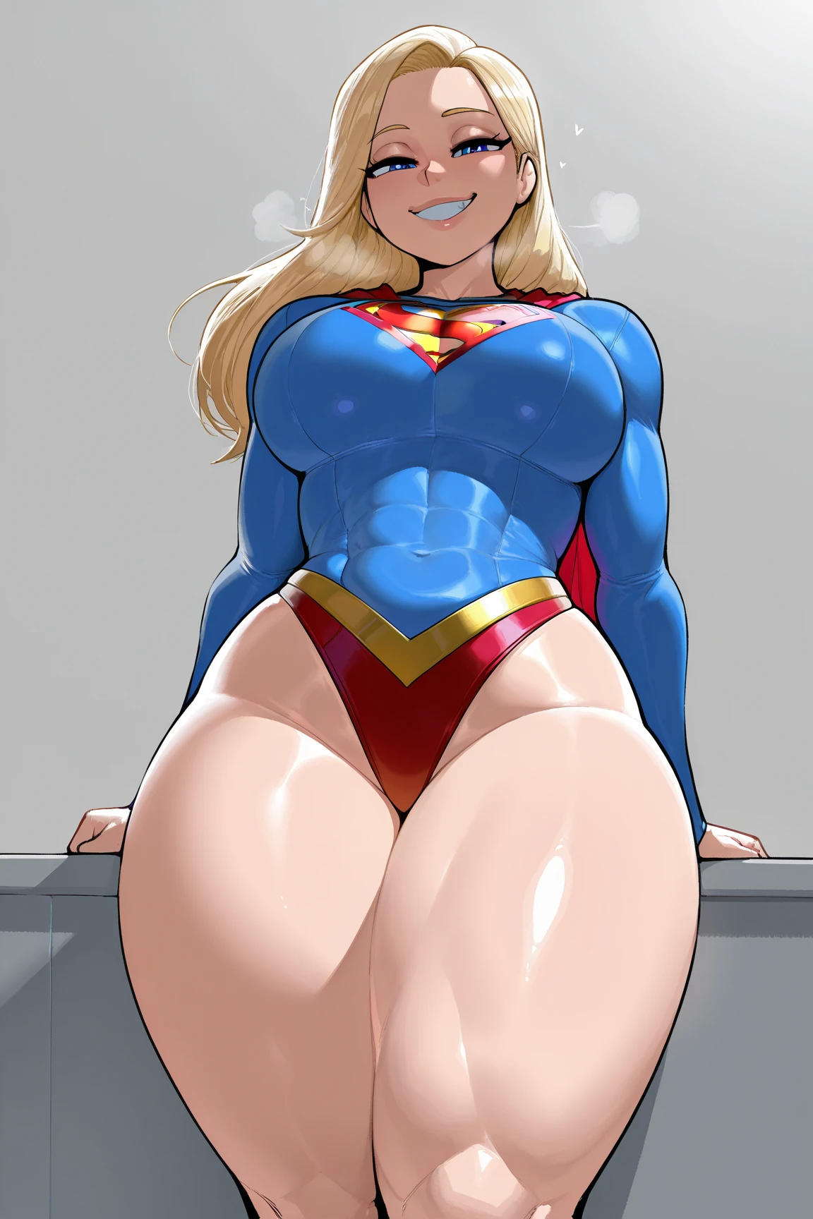 Scarlett Johansson, Masterpiece, ((8 0 s art style:1.4)), ((330 lb)), the beauty of a goddess, enhancer image, ultra-detailed face, ((front view)), provocative pose, blonde, ((very long hair)), caucasian, ((sex seductive look)), ((detailed supergirl costume)). ((sit)), ((legs spread)), ((glossy skin)), ((oiled skin)), ((smiling)), ((MASSIVE MUSCLES)), ((RIPPED)), stunning, smooth, ((eyeliner)), (curvy:1.5), simetric, ((wide hips)), ((hourglass waist)), perfect proportions, red lips, ultra realistic, thick, cinematic light, ((trainning room background)), ((perfect eyes)), ((pubic hair)), ((amazing pussy)), blue eyes, ((massive lips))