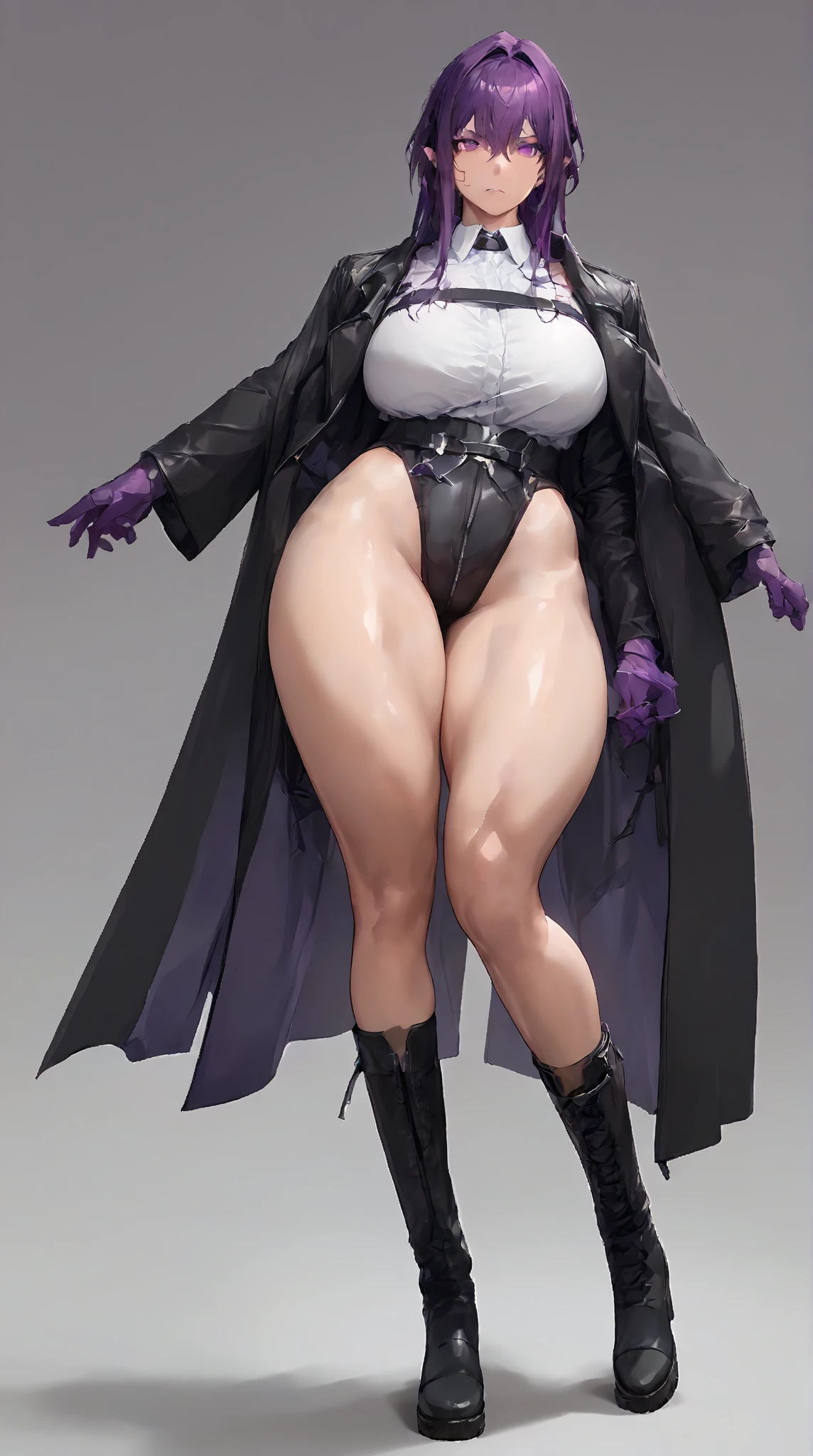1girl,solo,RavenTT, dynamic post ,navy-blue cloak, brooch, highle leotard , belt,short hair,purple hair, purple eyes,makeup,black lipstick,grey skin,curvy,wide hips,cameltoe,outdoor, huge pussy