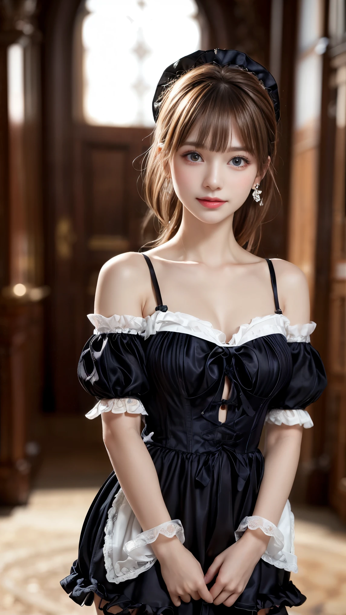 Special clothes39,maid, ((knee shot)), ((actual)), ((from above)), (close up), 1 Asian female model, A young girl, night, starry sky, (In the gazebo, sitting position, cross legs, leaning against pillars), pretty pose, Various postures attract attention, Detailed scene, bun hair, hairpin, beautiful hair accessories, Brownish-yellow hair, Light makeup, blush blush, lip gloss, beautiful legs, ((warm light, Warm color palette)), (Extremely high color saturation), detailed details, Super detailed, (masterpiece, best quality), (Extremely exquisite and beautiful work), exquisite earrings, exquisite necklace, simple blurr background, extremely detailed description, Ultra-fine painting, delicate face, slim body, thin waist, Smile, (anatomically correct)