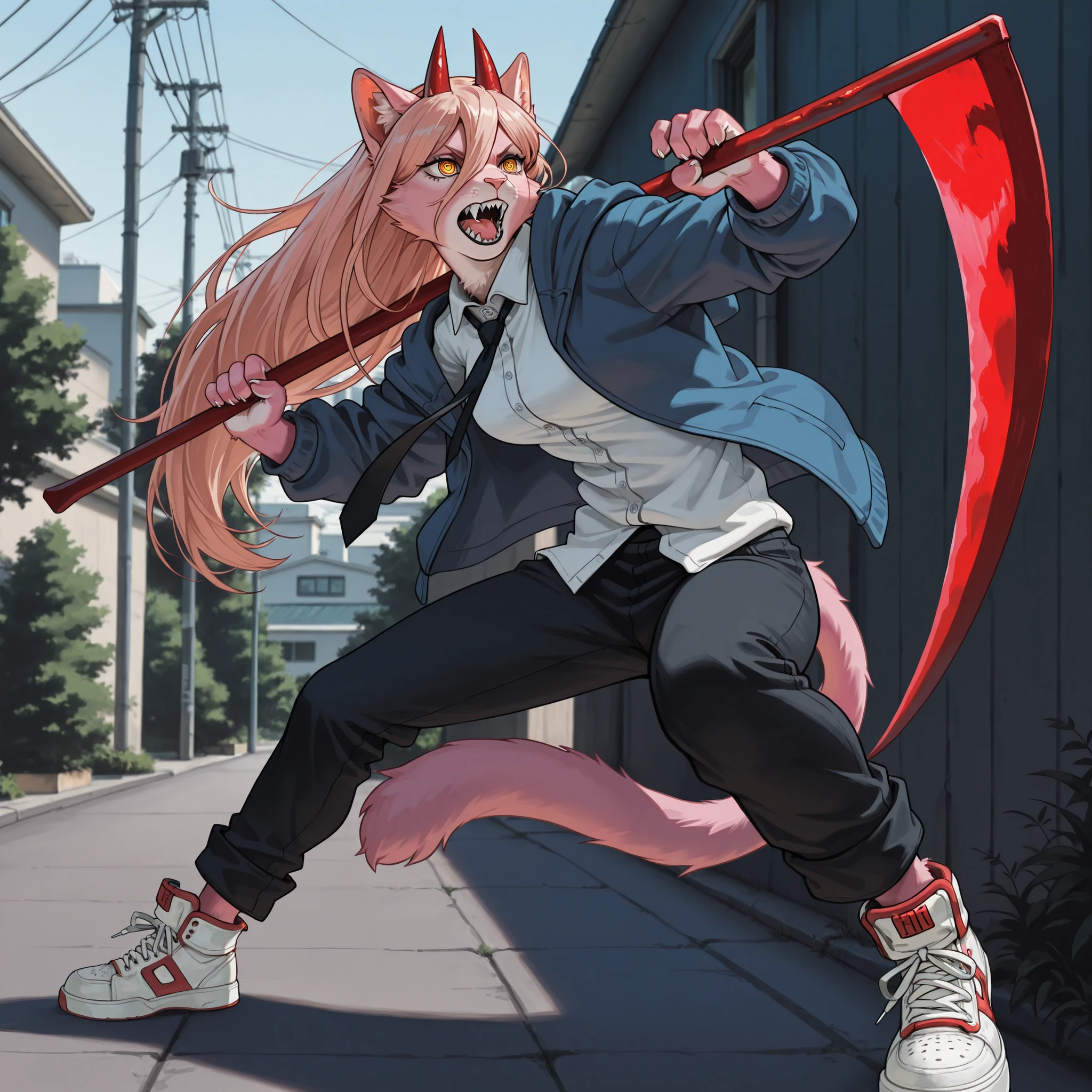 absurdres, masterpiece, best quality, 1girl, solo, Power_(Chainsaw_Man), anthro furry pink cat girl, pink fur, yellow eyes, long hair, red horns, wearing blue loose jacket, white shirt, black tie, black pants, pants sleeves rolled up, white sneakers, sharp teeth, holding a red scythe, outdoors, in a neighborhood, attack stance